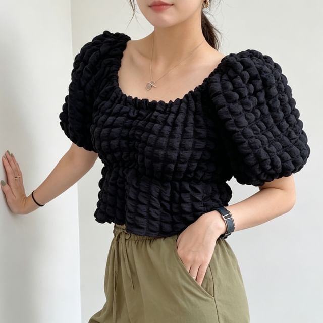 Janerium-Puff-Sleeve Square Neck Plain Textured Crop Blouse