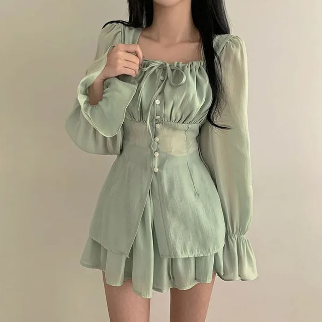 Janerium-Set Long-Sleeve Square Neck Ruched Button-Up Plain Blouse High Rise Mini A-Line Skirt
