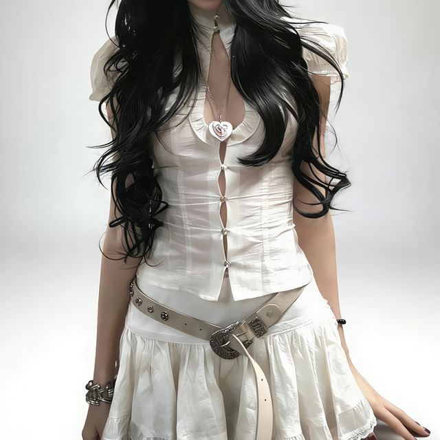 Janerium-Set Puff-Sleeve Stand Collar Plain Ruffle Blouse Mid Rise Lace Trim Mini A-Line Skirt