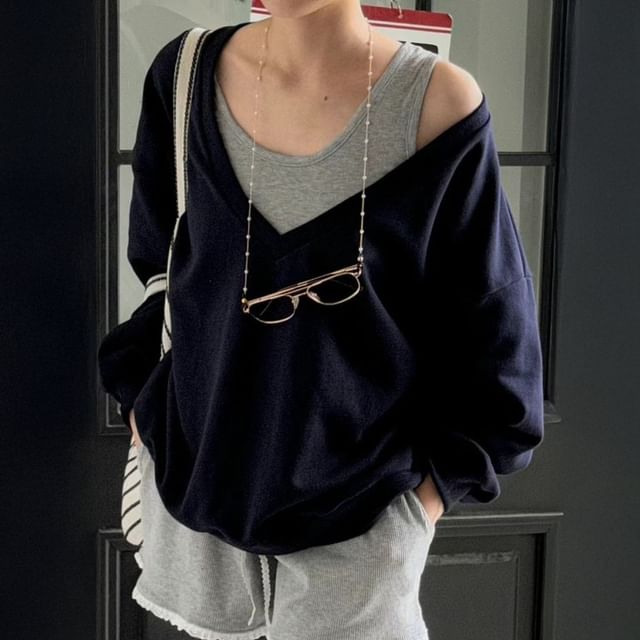 Janerium-Set V-Neck Plain Oversized Pullover Scoop Neck Tank Top
