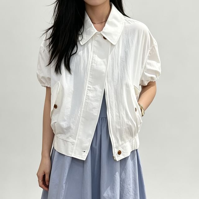 Janerium-Short-Sleeve Collared Zip-Up Plain Jacket