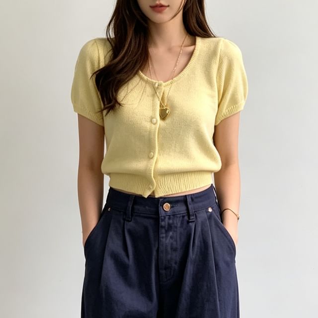 Janerium-Short Sleeve Round Neck Plain Cardigan