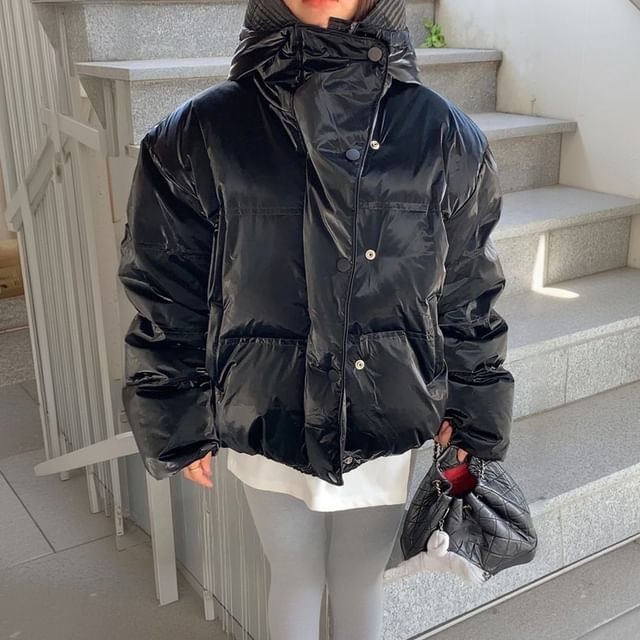 Janerium-Stand Collar Plain Hooded Zip Puffer Jacket