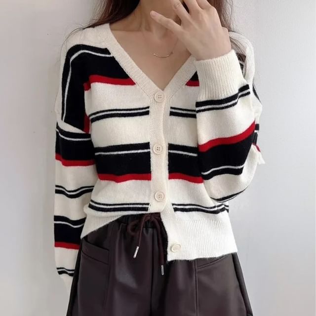Janerium-V-Neck Striped Cardigan