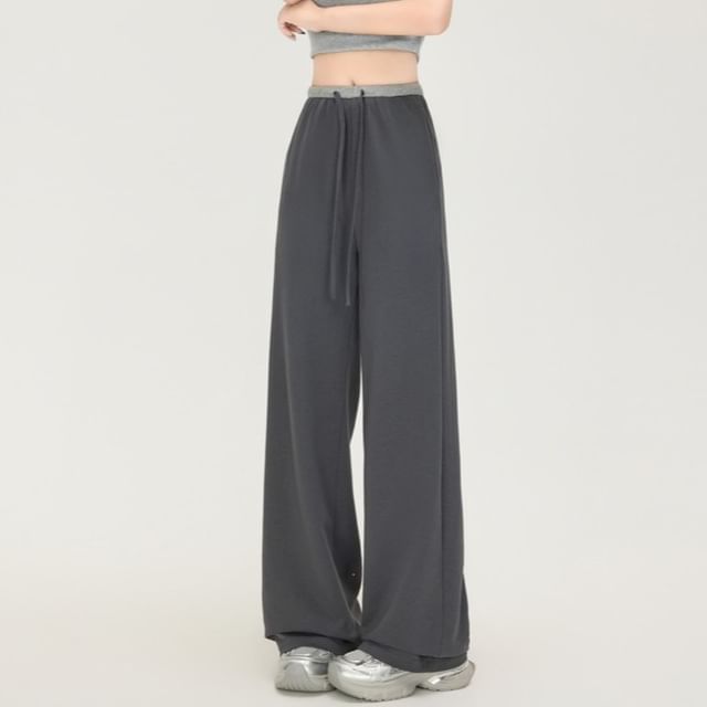 Jaqmine-Drawstring Waist Contrast Trim Wide Leg Pants