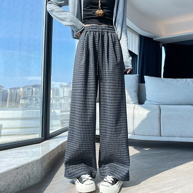 Jaqmine-Drawstring Waist Plaid Wide Leg Pants