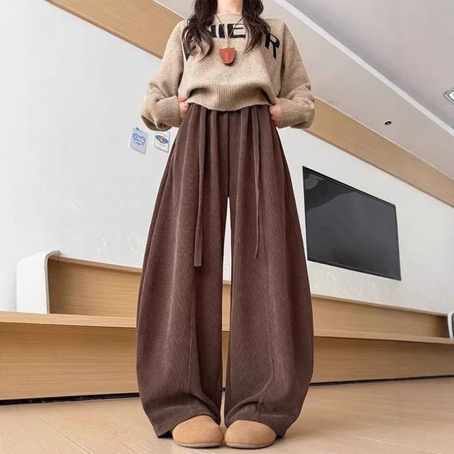 Jaqmine-Drawstring Waist Plain Barrel Leg Baggy Pants