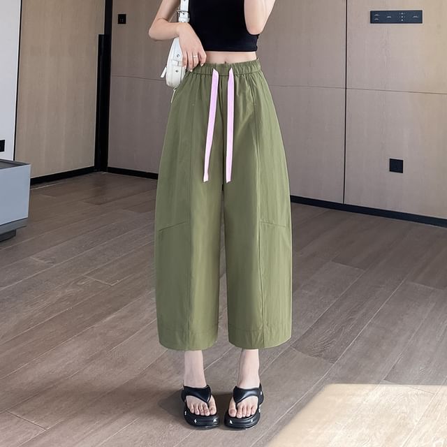Jaqmine-Drawstring Waist Plain Crop Barrel Leg Pants