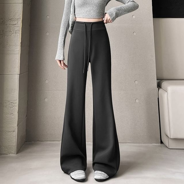 Jaqmine-Drawstring Waist Plain Flared Sweatpants