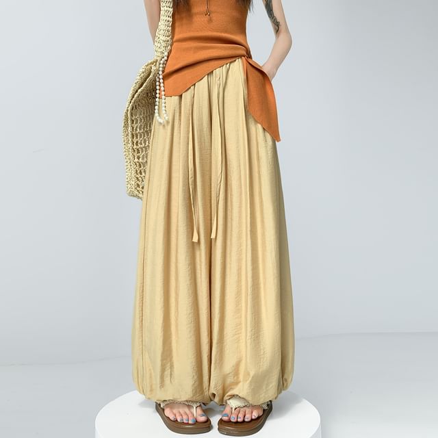 Jaqmine-Drawstring Waist Plain Harem Pants