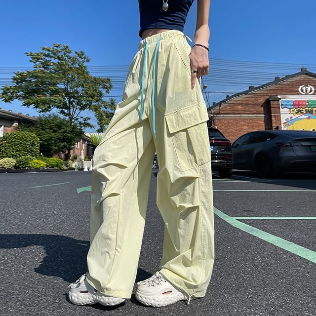 Jaqmine-Drawstring Waist Plain Wide Leg Cargo Pants