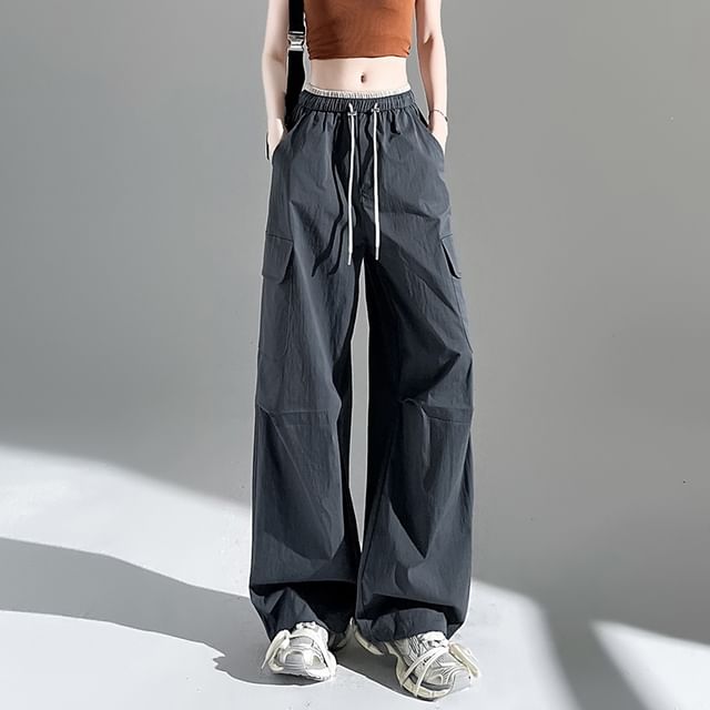 Jaqmine-Drawstring Waist Plain Wide Leg Cargo Pants