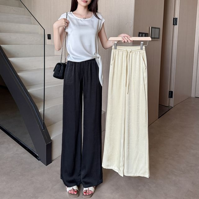 Jaqmine-Drawstring Waist Plain Wide Leg Pants Various Designs