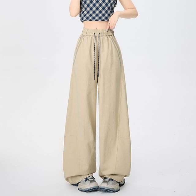 Jaqmine-Drawstring Waist Plain Wide Leg Pants