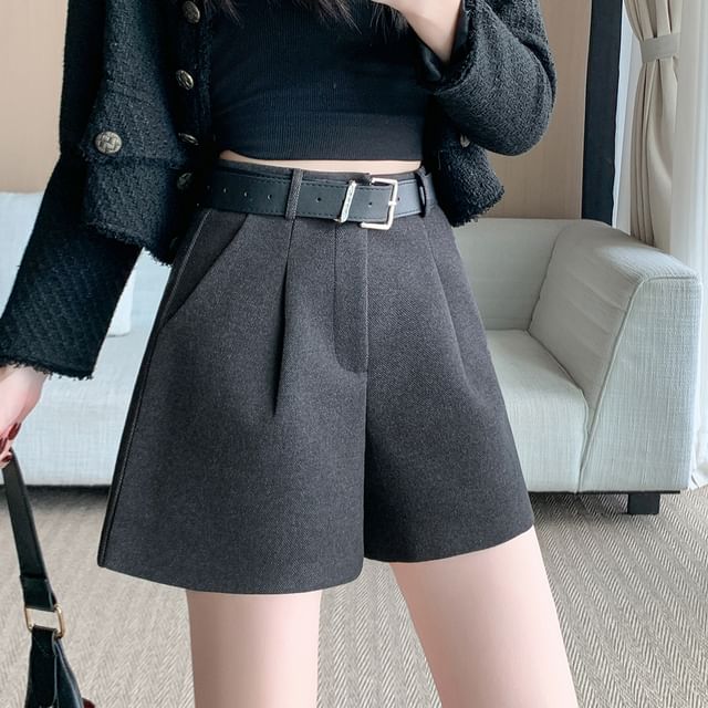Jaqmine-High Waist Plain Inverted Pleated Shorts