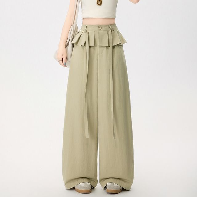 Jaqmine-High Waist Plain Pleated Panel Wide Leg Pants