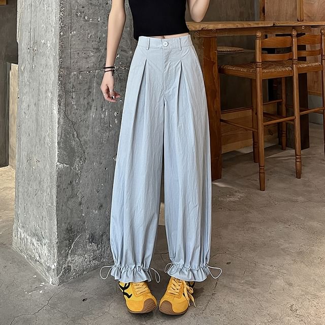 Jaqmine-Mid Rise Plain Drawstring Hem Cropped Baggy Pants