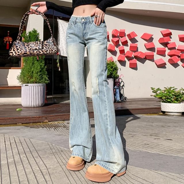 Jaqmine-Mid Rise Washed Distressed Flared Jeans