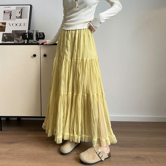 Jaqmine-Mid Waist Plain Maxi A-Line Skirt