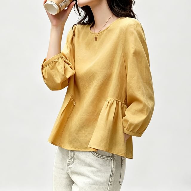 Jeonseon-34-Sleeve Crew Neck Plain Blouse