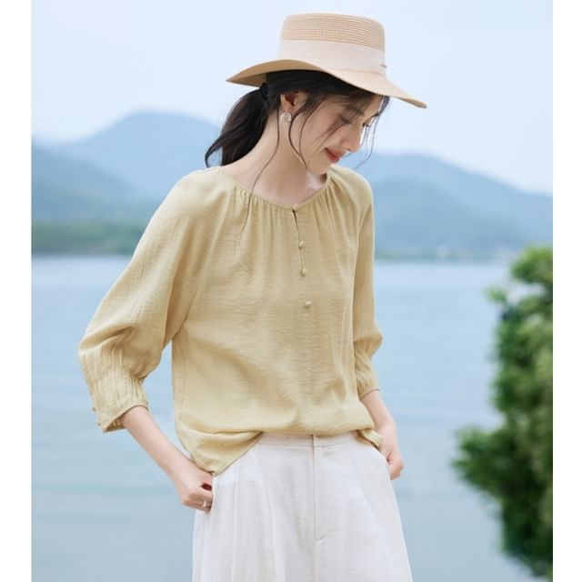 Jeonseon-34-Sleeve Round Neck Plain Blouse