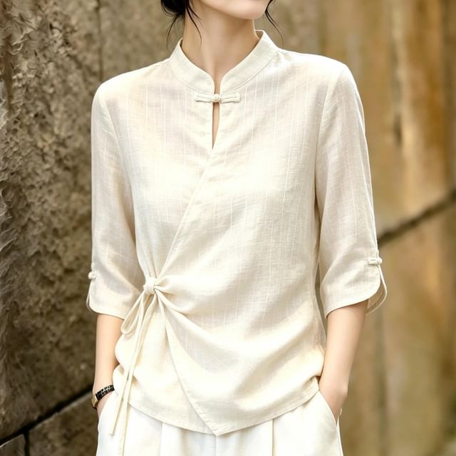 Jeonseon-34-Sleeve Stand Collar Frog Buttoned Twisted Asymmetrical Top
