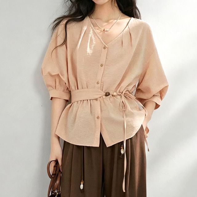 Jeonseon-34-Sleeve V-Neck Plain Button Up Blouse