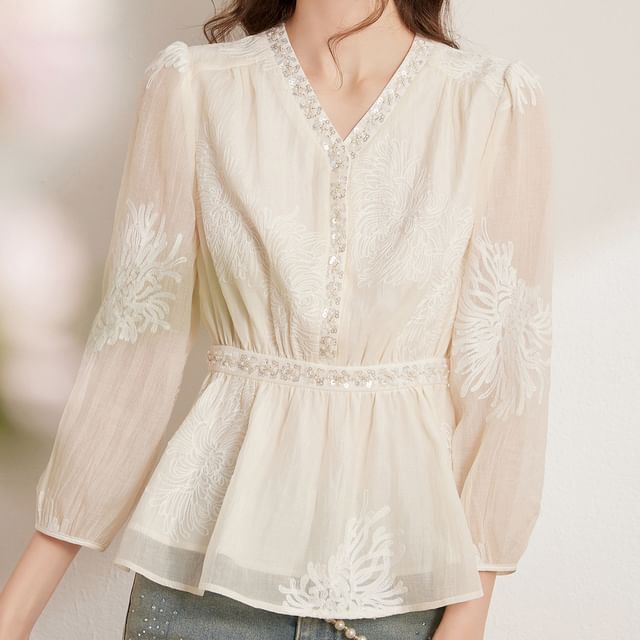 Jeonseon-34-Sleeve V-Neck Plain Flowy Top