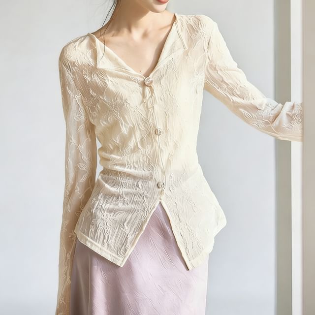 Jeonseon-Bell-Sleeve Button-Up Lace Blouse