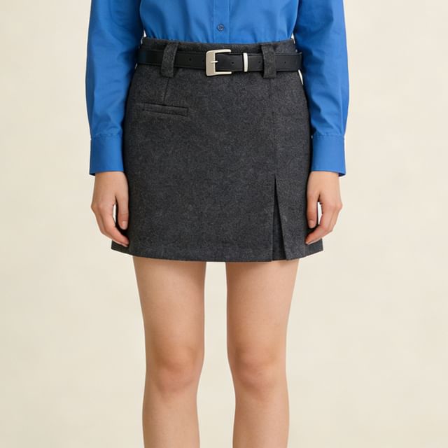 Jeonseon-Belt Waist Plain Mini Skirt