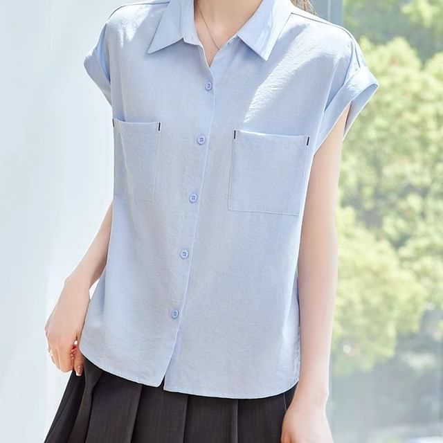 Jeonseon-Cap-Sleeve Collared Plain Button Up Shirt