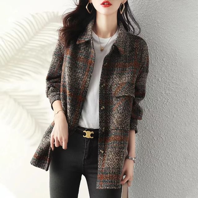 Jeonseon-Collar Plaid Button Shacket