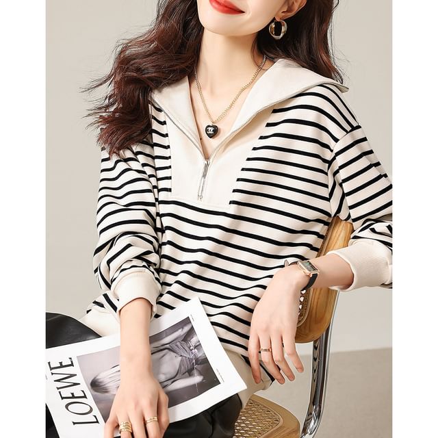 Jeonseon-Collar Striped Half-Zip Sweatshirt