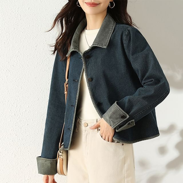 Jeonseon-Collared Button-Up Denim Jacket