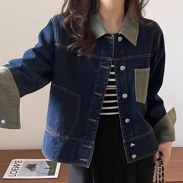 Jeonseon-Collared Button-Up Denim Jacket