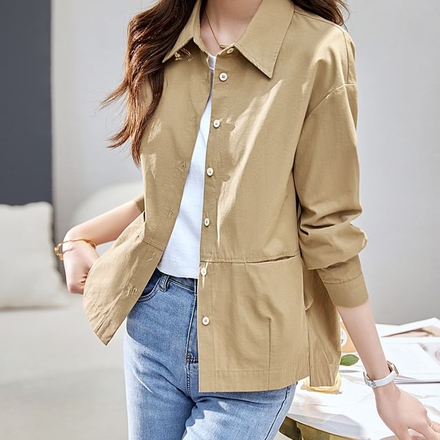 Jeonseon-Collared Button-Up Plain Jacket