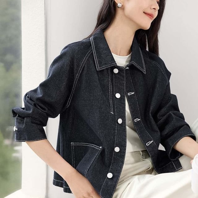 Jeonseon-Collared Contrast Stitched Button-Up Denim Jacket
