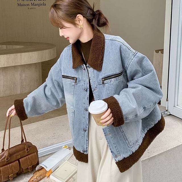 Jeonseon-Collared Fleece Panel Button-Up Denim Barn Jacket