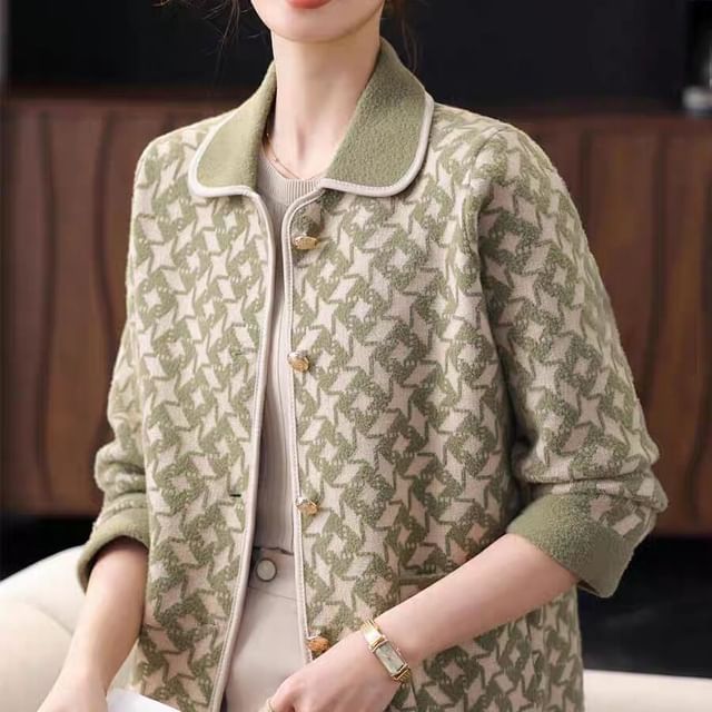 Jeonseon-Collared Houndstooth Button Up Cardigan
