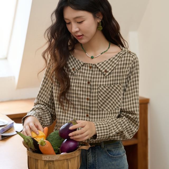 Jeonseon-Collared Plaid Button Up Blouse