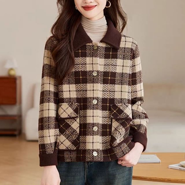 Jeonseon-Collared Plaid Button-Up Jacket