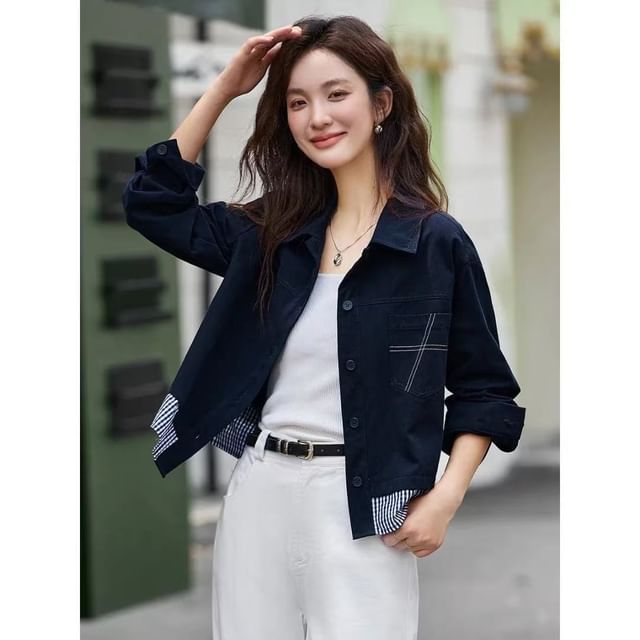 Jeonseon-Collared Plaid Panel Button Up Jacket