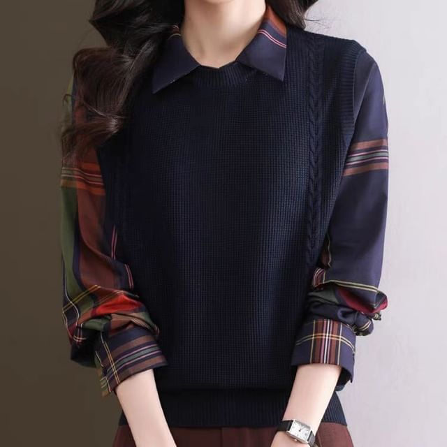 Jeonseon-Collared Plaid Panel Mock Two Piece Sweater