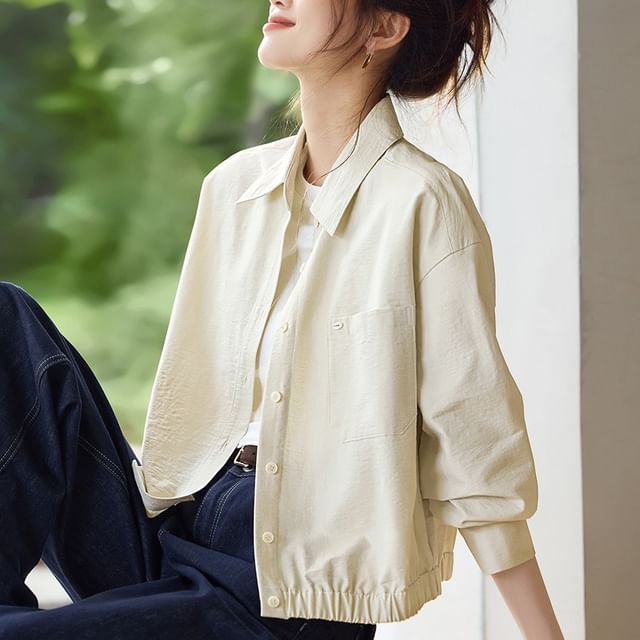 Jeonseon-Collared Plain Button-Up Jacket