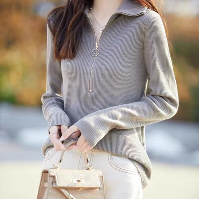 Jeonseon-Collared Plain Half Zip Ribbed Sweater