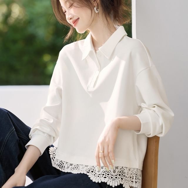 Jeonseon-Collared Plain Panel Lace Polo Sweatshirt