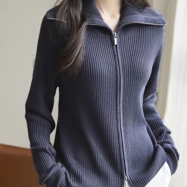 Jeonseon-Collared Plain Ribbed Knit Zip Cardigan