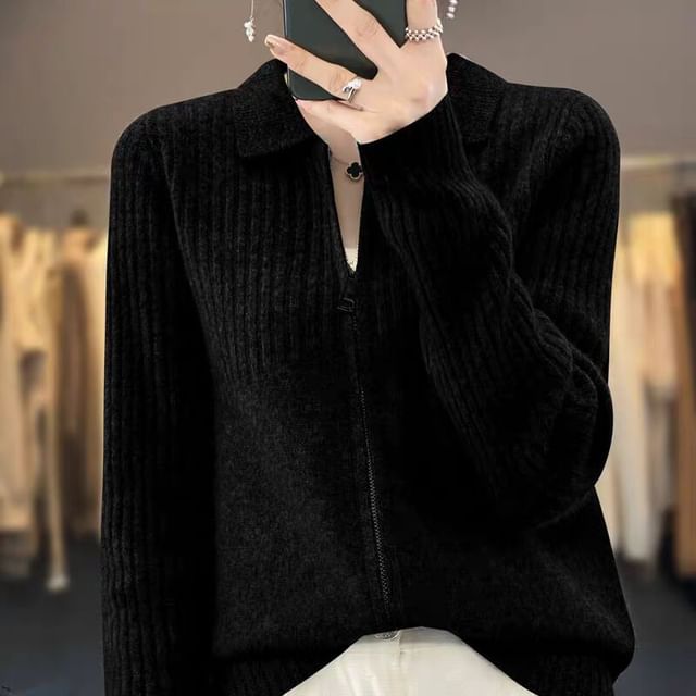Jeonseon-Collared Plain Ribbed Zip Cardigan