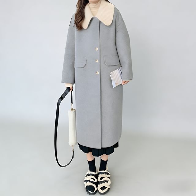Jeonseon-Collared Plain Single Breasted Long Coat