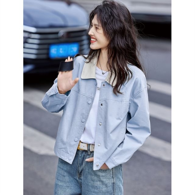 Jeonseon-Collared Two Tone Button Up Jacket